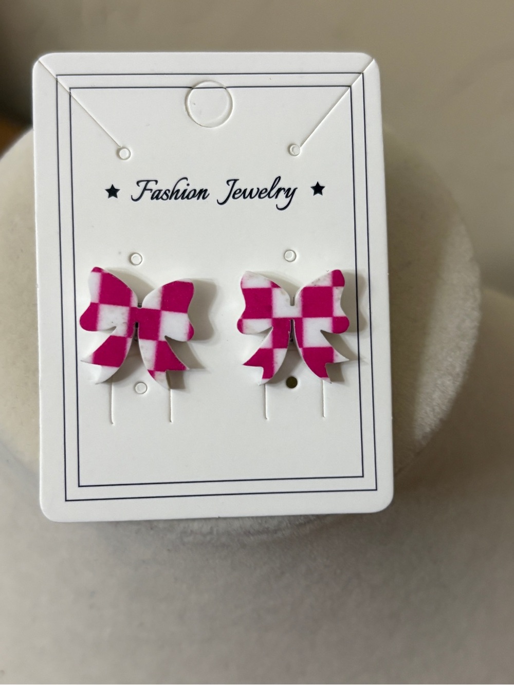 Fashion Jewelry Hot Pink and White Checkerboard Bow Stud Earrings